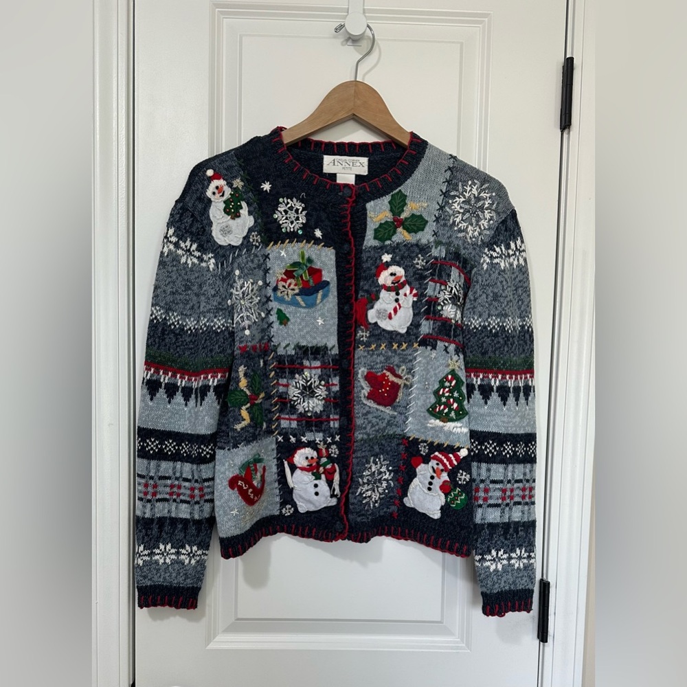Casual Corner Annex Petite Vintage Christmas Embroidered Cardigan Sweater Size 8